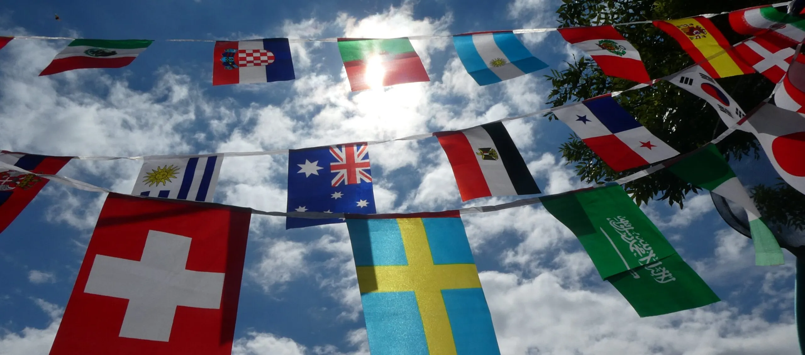 World flags strung on bunting between trees